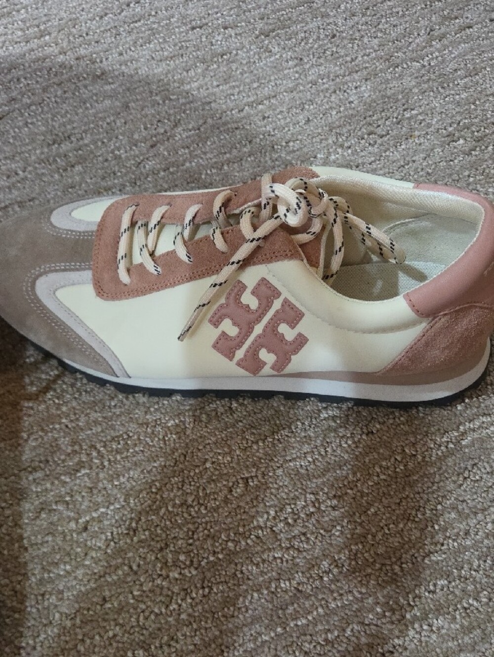 Tory Burch Vintage Nylon Cream and Dusty Rose Suede-Trim Sneakers - Picture 2 of 9